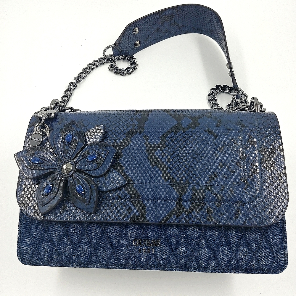 COPY - VTG Y2K GUESS Faux Snakeskin Purse Blue Shoulder Crossbody Bag w Charms …